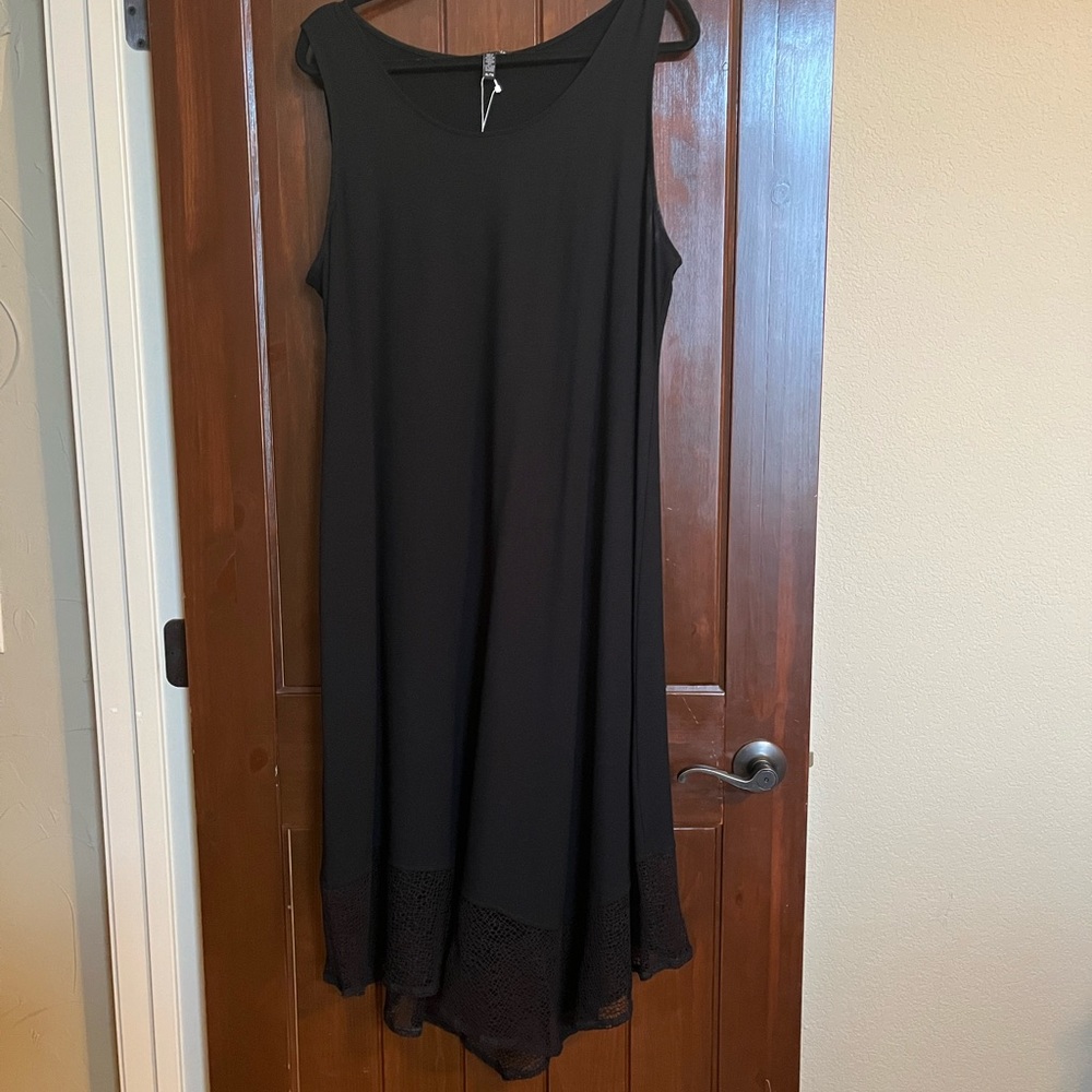 Eileen Fisher viscose jersey long dress with asymmetrical lace hem.